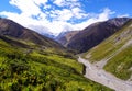 Bright green grassed valley with a river running towards an iced Royalty Free Stock Photo