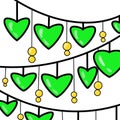 Bright Green Heart String Lights Pattern. Festive Hanging Hearts and Beads on White Background Royalty Free Stock Photo