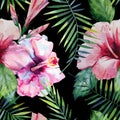 Bright green herbal tropical hawaii floral summer pattern of a tropic palm leaves and tropic pink red violet blue flowers hibiscus Royalty Free Stock Photo