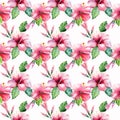 Bright green herbal tropical wonderful hawaii floral summer pattern tropic pink red violet blue flowers hibiscus watercolor Royalty Free Stock Photo