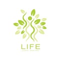 Bright green life logo with human silhouette and leaves. Natural and healthy living. Flat vector emblem for yoga studio Royalty Free Stock Photo