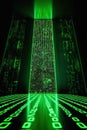 A bright green light illuminates a maze of numeric symbols in the midst of darkness