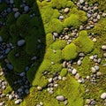 Shows mixed textures with soft moss contrasting against the hard rounded Royalty Free Stock Photo