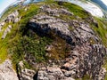 Bright green moss and lichen on the stone in the tundra, fisheye image