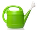 Green plastic watering can on a white background