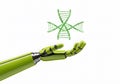 A bright green robotic hand holds a glowing DNA helix icon, representing genetic engineering, artificial intelligence, and Royalty Free Stock Photo