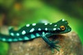 Bright green spotted salamander with bulging orange eyes in nature.