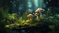 Bright Green Summer Magical Forest Background With Mushrooms