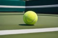 Bright green tennis ball on the tennis court with a blurred background, close up
