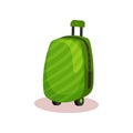 Bright green travel bag with retractable handle. Large cloth suitcase on wheels. Luggage of traveler. Flat vector icon Royalty Free Stock Photo