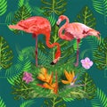 Bright green tropical jungle rainforest palm tree leaves. Pink exotic flamingo wading birds couple. Seamless pattern texture