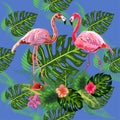 Bright green tropical jungle rainforest palm tree leaves. Pink exotic flamingo wading birds couple. Seamless pattern texture