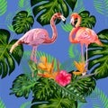 Bright green tropical jungle rainforest palm tree leaves. Pink exotic flamingo wading birds couple. Seamless pattern texture