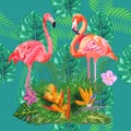 Bright green tropical jungle rainforest palm tree leaves. Pink exotic flamingo wading birds couple. Seamless pattern texture