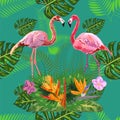 Bright green tropical jungle rainforest palm tree leaves. Pink exotic flamingo wading birds couple. Seamless pattern texture