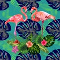 Bright green tropical jungle rainforest palm tree leaves. Pink exotic flamingo wading birds couple. Seamless pattern texture