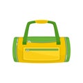 Green-yellow duffel bag with small pocket on front. Bag for carrying gym clothes and accessories. Flat vector icon Royalty Free Stock Photo