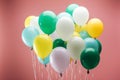 Bright green, yellow, white and blue decorative balloons on pink background. Royalty Free Stock Photo