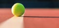 Bright greenish yellow tennis ball on the line Royalty Free Stock Photo