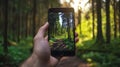 A hand holding a smartphone displaying a vivid, sunlit forest on its screen, creating a striking contrast between digital and real Royalty Free Stock Photo