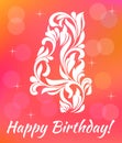 Bright Greeting card Invitation Template. Celebrating 4 years birthday. Decorative Font