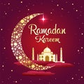 Bright greeting card of Ramadan Kareem with Golden month, star and mosque