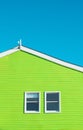 bright green building detail on blue background with two symmetric wondows Royalty Free Stock Photo