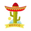 Bright grunge mexican logo or print vector - colorful sombrero and cactus vintage print