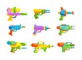 Bright gun children toy set. Blaster, handgun, raygun and laser weapon of aliens for kids playing Royalty Free Stock Photo