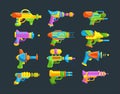 Bright gun children toy set. Blaster, handgun, raygun and laser weapon of aliens for kids playing Royalty Free Stock Photo