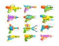 Bright gun children toy set. Blaster, handgun, raygun and laser weapon of aliens for kids playing Royalty Free Stock Photo