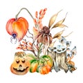 Bright Halloween composition with colorful plants watercolor illustration isolated on white background.