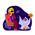 Creative illustration with funny grandfather in evil pumpkin and granddaughter in ghost costume