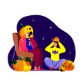 Creative illustration with funny grandfather in evil pumpkin and grandson making horns