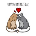 Bright hand drawn postcard of two cats in love with hearts and text Happy Valentine's Day Royalty Free Stock Photo