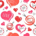 Bright hand drawn seamless pattern on white background. Grunge hearts in red and pink colors.