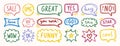 Bright hand drawn speech bubbles with short fun messages, decorative elements for design Royalty Free Stock Photo