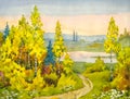 Bright hand drawn watercolor drawing scene. The path to the lake