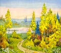 Bright hand drawn watercolor drawing scene. The path to the lake