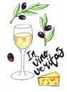 Bright hand drawn watercolor wine design elements in vino veritas - verity in wine. Cheese, olives, glass, lettering