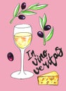 Bright hand drawn watercolor wine design elements in vino veritas - verity in wine. Cheese, olives, glass, lettering