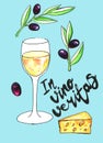 Bright hand drawn watercolor wine design elements in vino veritas - verity in wine. Cheese, olives, glass, lettering