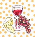 Bright hand drawn watercolor wine design elements in vino veritas verity in wine. Cheese, olives, grapes glass, lettering