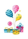 Bright happy birthday composition of balloons, gift boxes, lollipops, stars on a white background for a greeting card