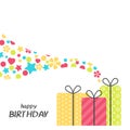 Bright Happy Birthday greeting card with present box in minimalist style. Modern birthday badge or label with wish