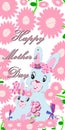 Bright `Happy Mother`s Day` light blue mother and daughter bunny rabbits with daisy flowers background greeting illustration 2022 Royalty Free Stock Photo