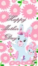 Bright `Happy Mother`s Day` light blue mother and daughter bunny rabbits with daisy flowers background greeting illustration 2022 Royalty Free Stock Photo