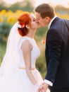 Bright happy redhair bride with unusual appearance and handsome groom softly kissing in sunny sunflower field