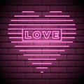 Bright heart. Neon sign. Retro neon heart sign on purple background with word Neon Love. Design element for Happy Valentine`s Day Royalty Free Stock Photo