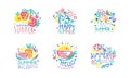 Bright Hello Summer Logo or Label for Seasonal Vacation Design Vector Set Royalty Free Stock Photo